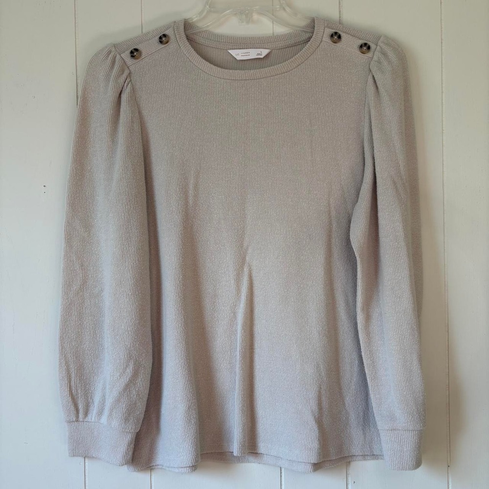 LC Lauren Conrad Womens Ribbed Puff Sleeve Button Detail Top Oatmeal Beige Large